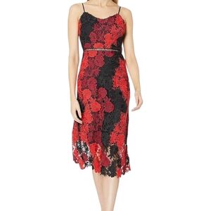 Bebe Floral Crochet Lace Red Black Fit And Flare Dress Size 8